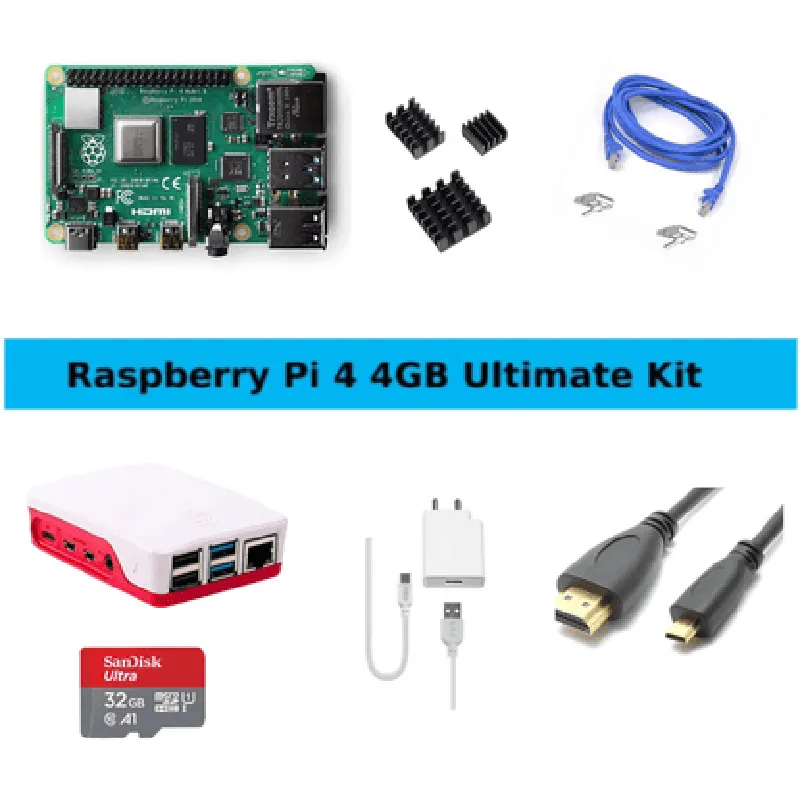 Raspberry Pi4 Model B 4GB Ultimate Kit with Pi4 4GB, Case, Power Adapter, Heatsink, 32GB SD Card, Ma