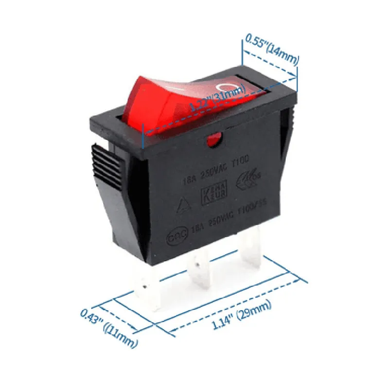 Rocker switch 16A 250V SPDT 3PIN Red LED