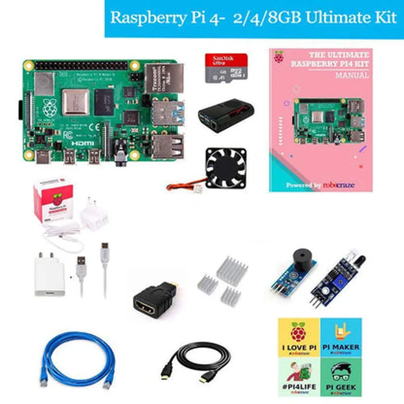 Raspberry Pi4 2-4-8GB Model 4B Ultimate Kit- Case, Power Adapter, Ethernet Cable, SD Card, Sensors and Manual