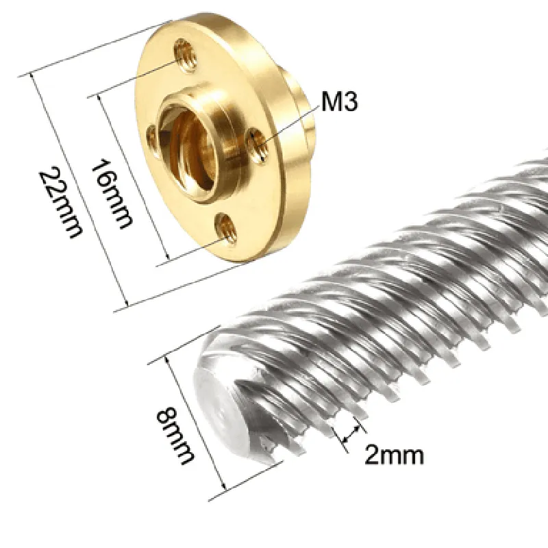 330mm Trapezoidal 4 Start Lead Screw 8mm Thread 2mm Pitch Lead Screw with Copper Nut